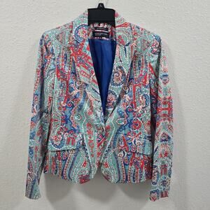 Jones New York Blazer Stretch Size 6 Paisley Rojo Azul Turquesa Elegante